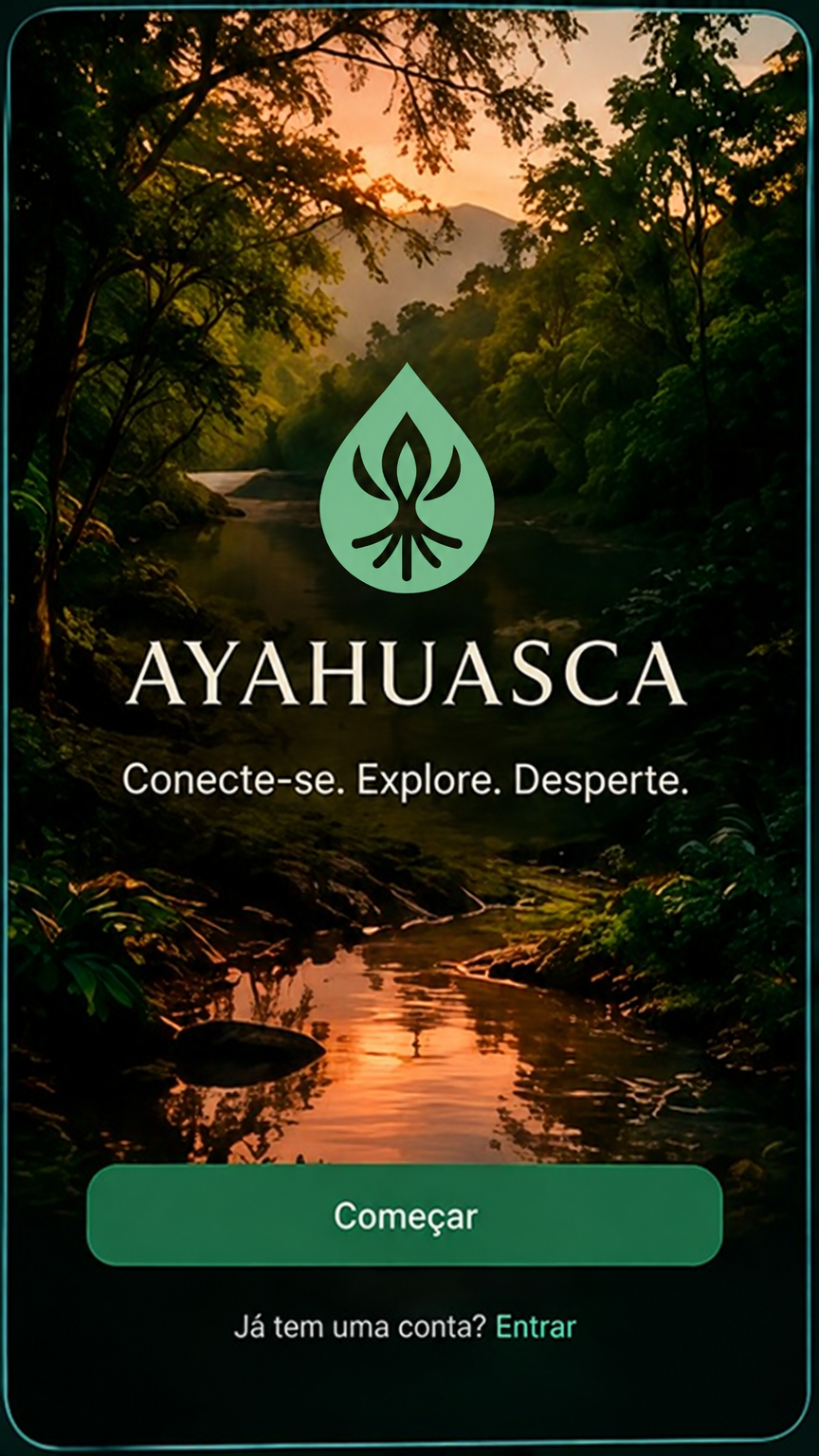 Conceito visual da tela de boas-vindas do aplicativo Ayahuasca